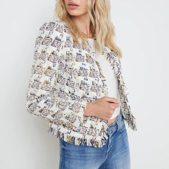 L'Agence Women's Ivory Angelina Ivory Multi Tweed Plaid Jacket Blazer Size 0 US